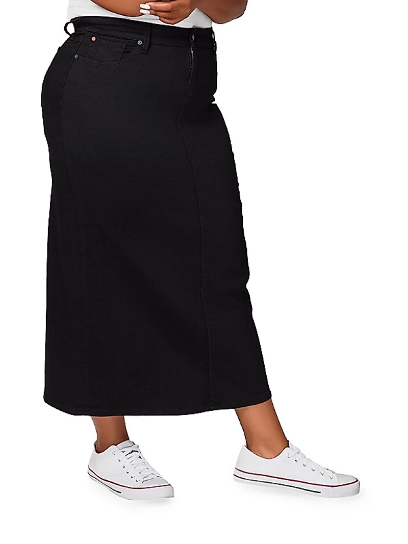 Stretch Cotton-Blend Denim Side-Slit Maxi Skirt