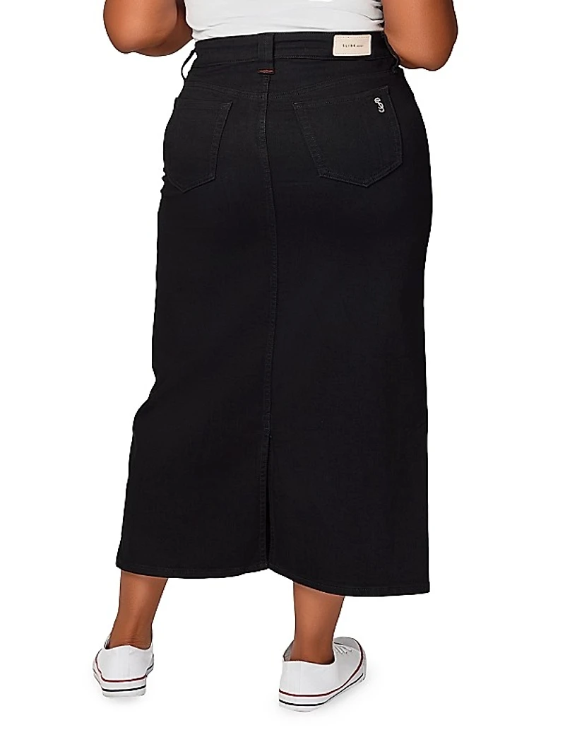 Stretch Cotton-Blend Denim Side-Slit Maxi Skirt