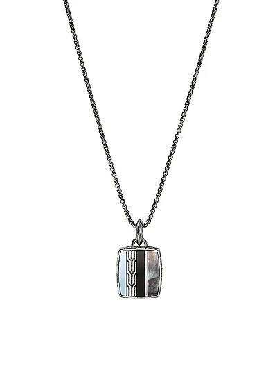 Carved Chain Sterling Silver & Multi-Gemstone Tag Pendant Necklace