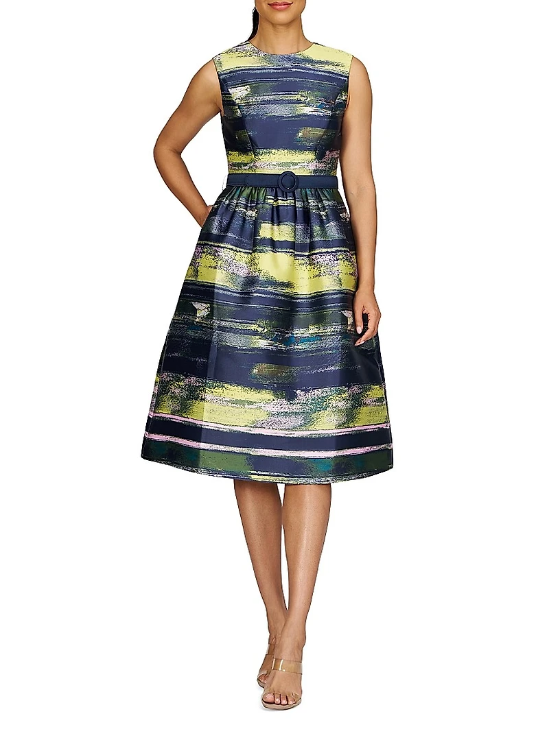 Spencer Striped Belted Cocktail Midi Dress