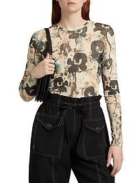 Printed Marl Mesh Long-Sleeve Top