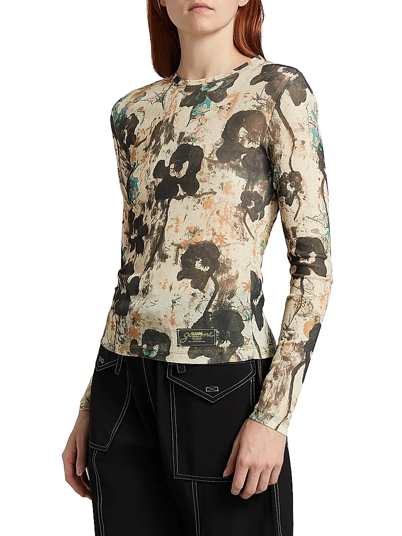 Printed Marl Mesh Long-Sleeve Top