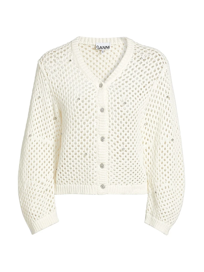 Rhinestone Cotton Pointelle Cardigan