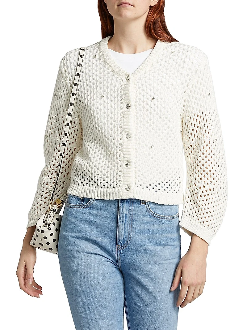 Rhinestone Cotton Pointelle Cardigan