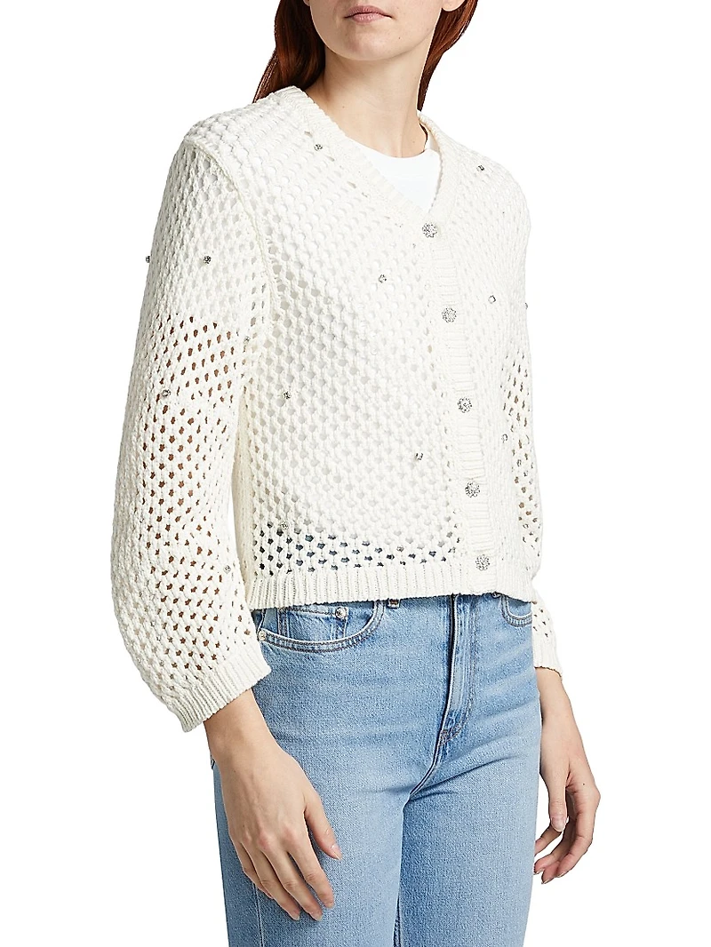 Rhinestone Cotton Pointelle Cardigan