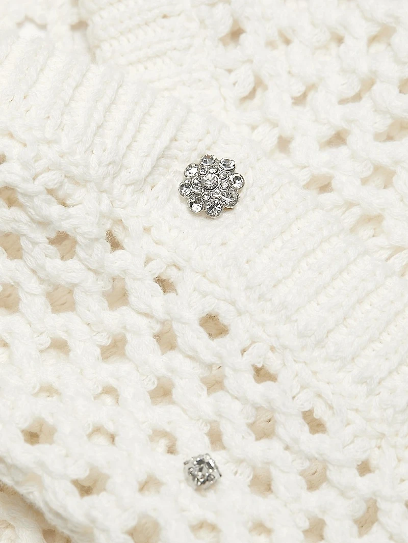Rhinestone Cotton Pointelle Cardigan