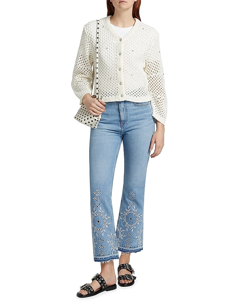 Rhinestone Cotton Pointelle Cardigan