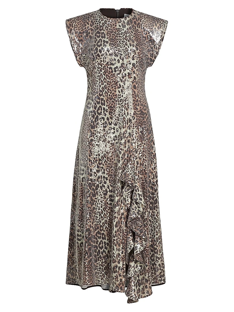 Sequined Leopard Ruffle Midi-Dress