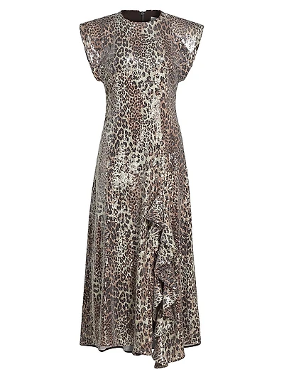 Sequined Leopard Ruffle Midi-Dress