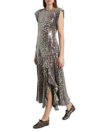 Sequined Leopard Ruffle Midi-Dress