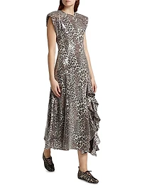 Sequined Leopard Ruffle Midi-Dress