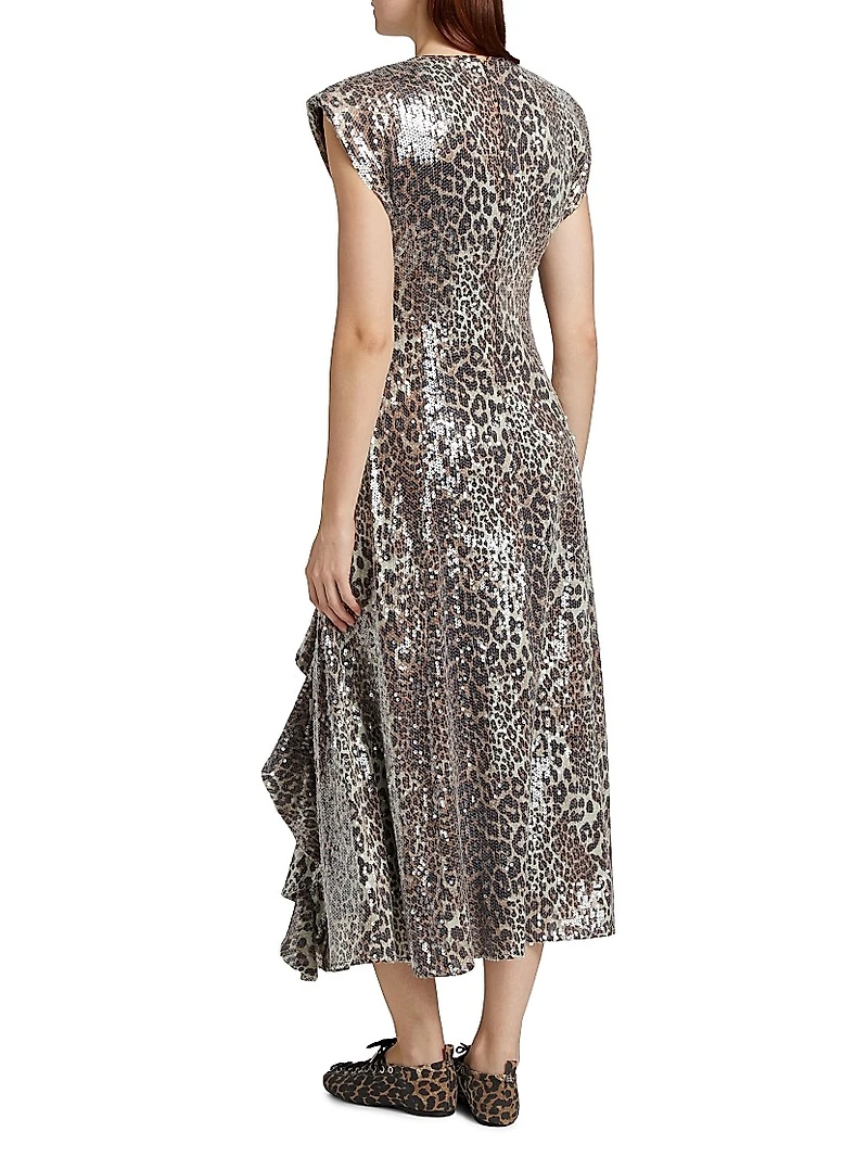 Sequined Leopard Ruffle Midi-Dress