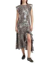 Sequined Leopard Ruffle Midi-Dress