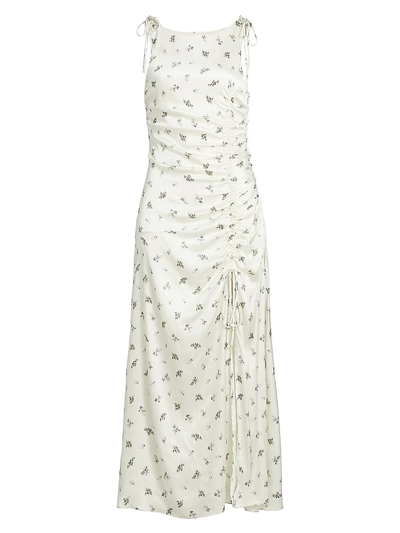 Floral Satin Gathered Midi-Dress