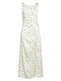 Floral Satin Gathered Midi-Dress