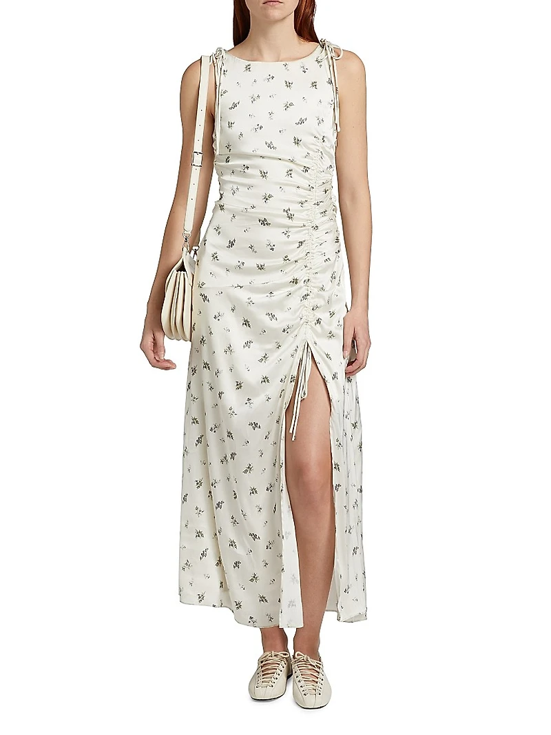 Floral Satin Gathered Midi-Dress