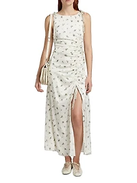 Floral Satin Gathered Midi-Dress