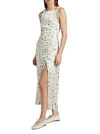 Floral Satin Gathered Midi-Dress