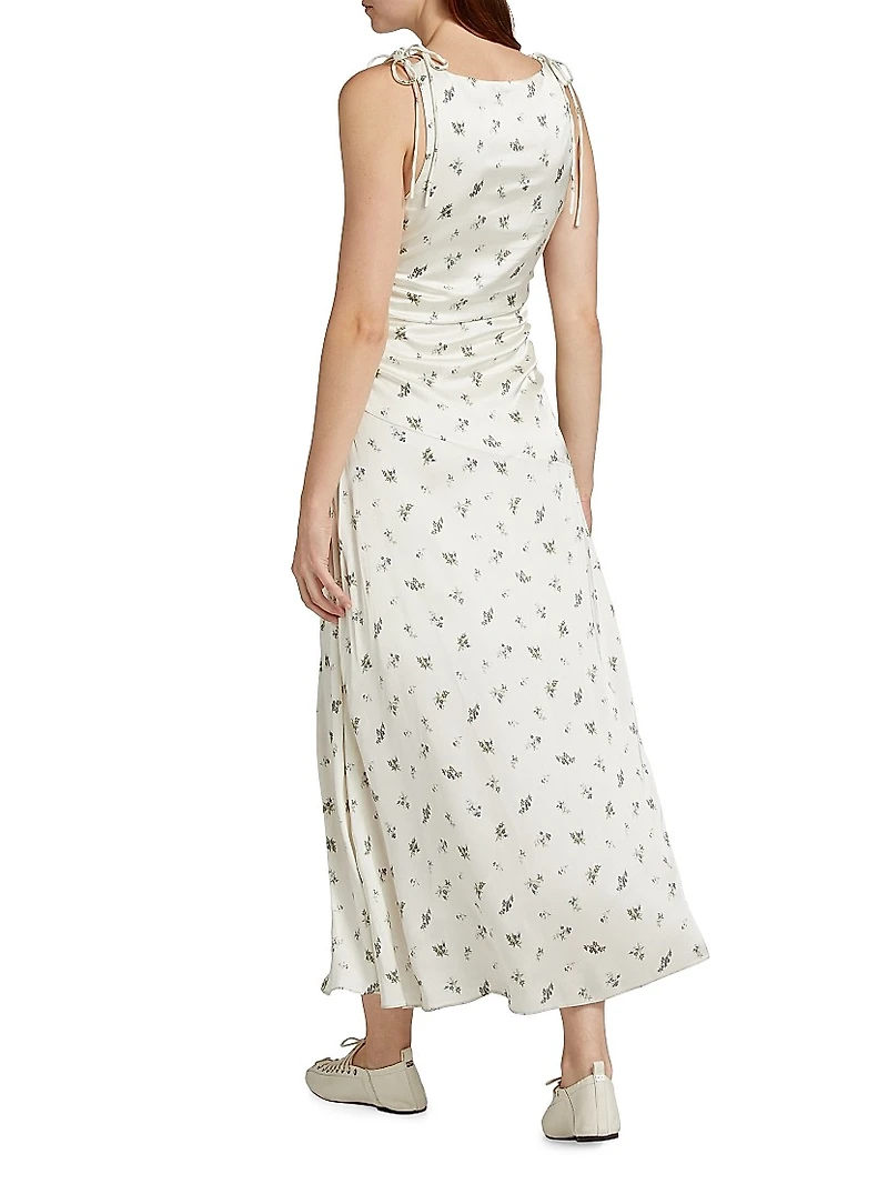 Floral Satin Gathered Midi-Dress