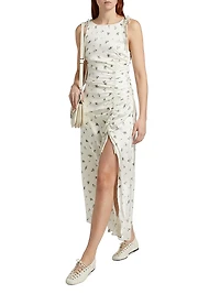 Floral Satin Gathered Midi-Dress