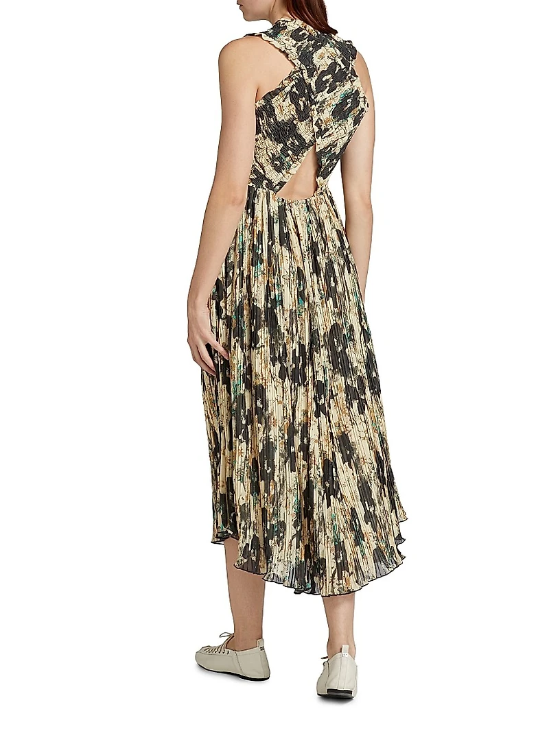Floral Smocked Pleat Midi-Dress