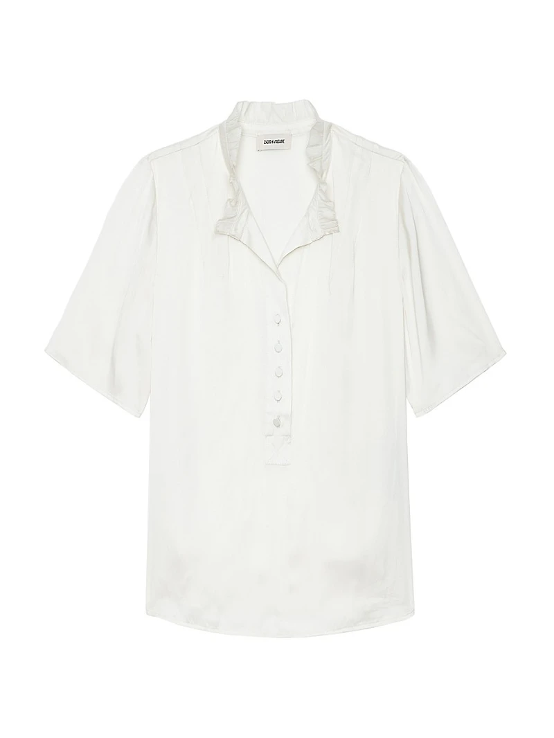 Topher Satin Ruffle Collar Short-Sleeve Top