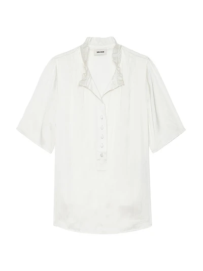 Topher Satin Ruffle Collar Short-Sleeve Top