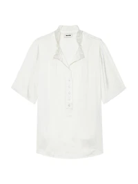Topher Satin Ruffle Collar Short-Sleeve Top