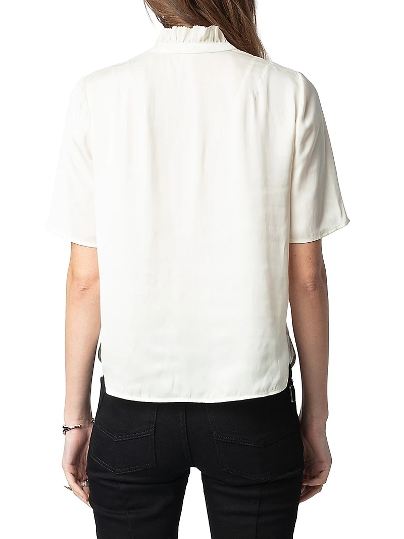 Topher Satin Ruffle Collar Short-Sleeve Top