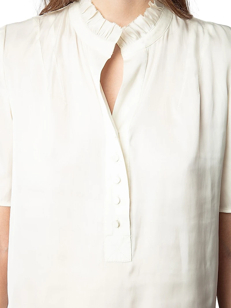 Topher Satin Ruffle Collar Short-Sleeve Top