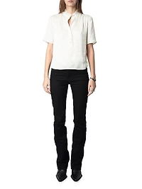 Topher Satin Ruffle Collar Short-Sleeve Top