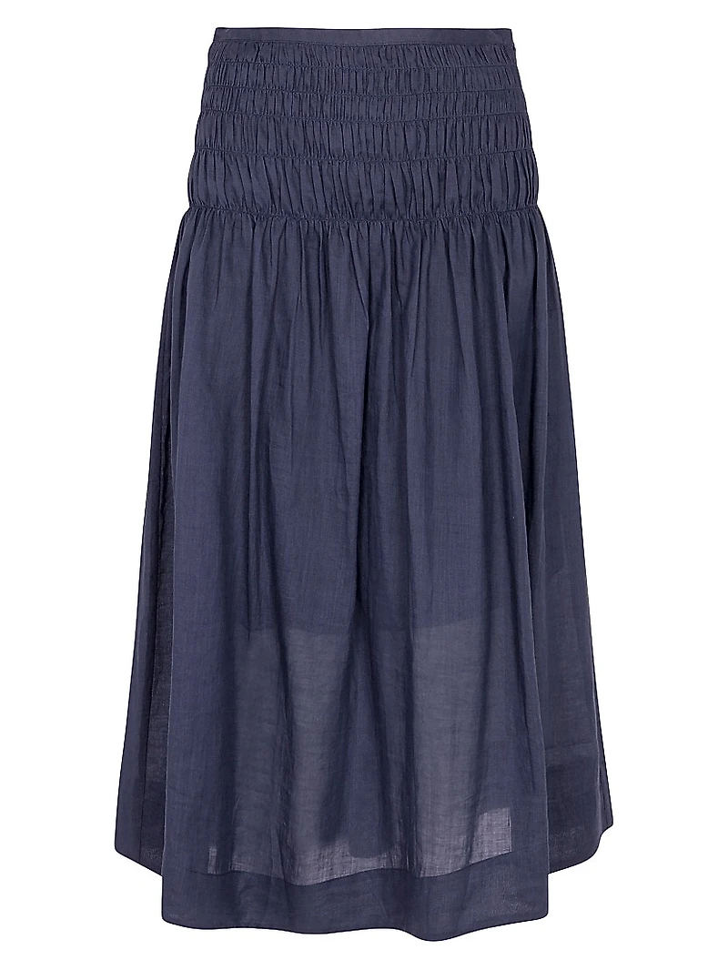 Anya Smocked Ramie A-Line Midi-Skirt