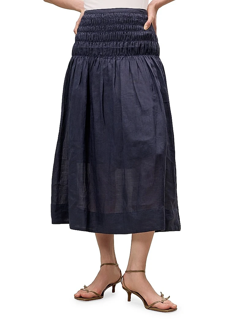 Anya Smocked Ramie A-Line Midi-Skirt