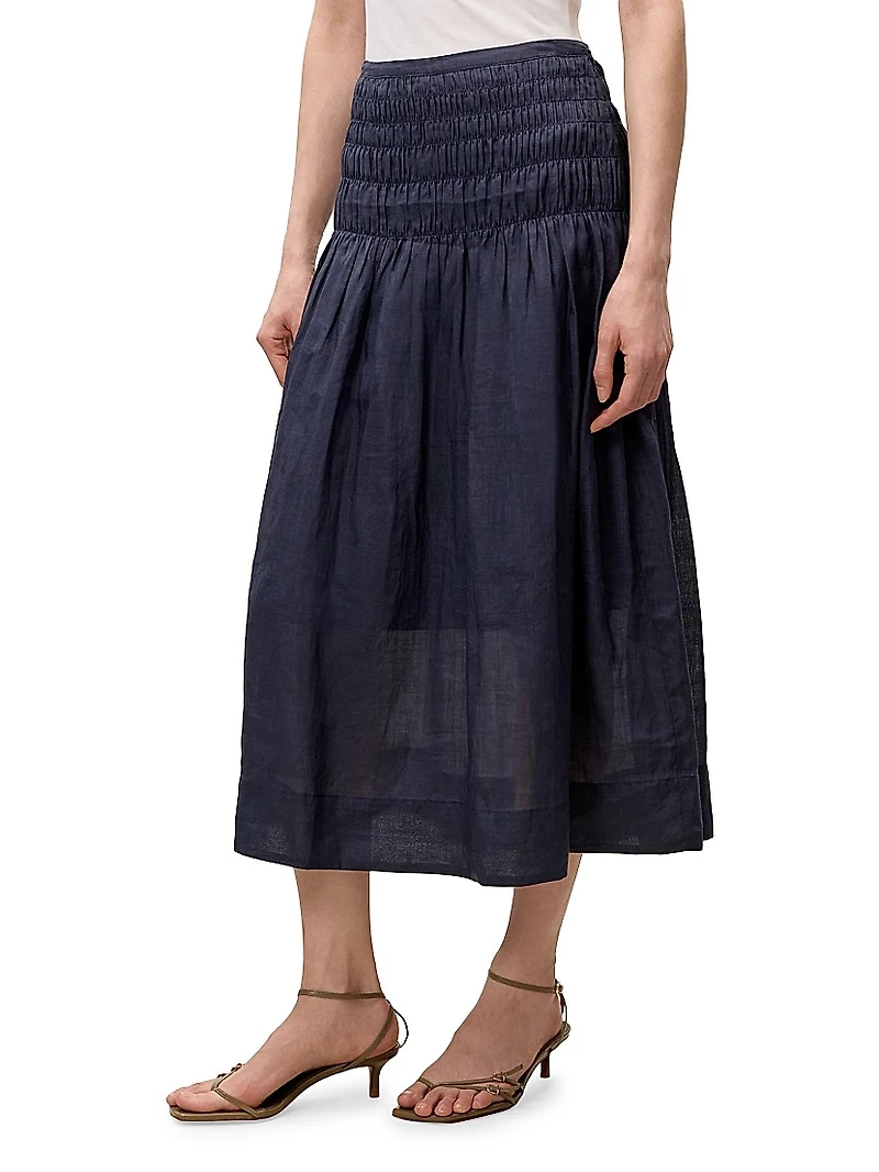 Anya Smocked Ramie A-Line Midi-Skirt