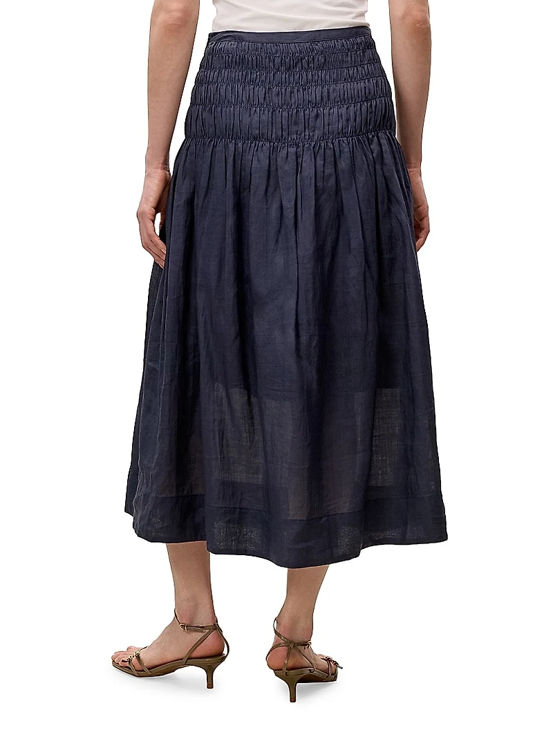 Anya Smocked Ramie A-Line Midi-Skirt