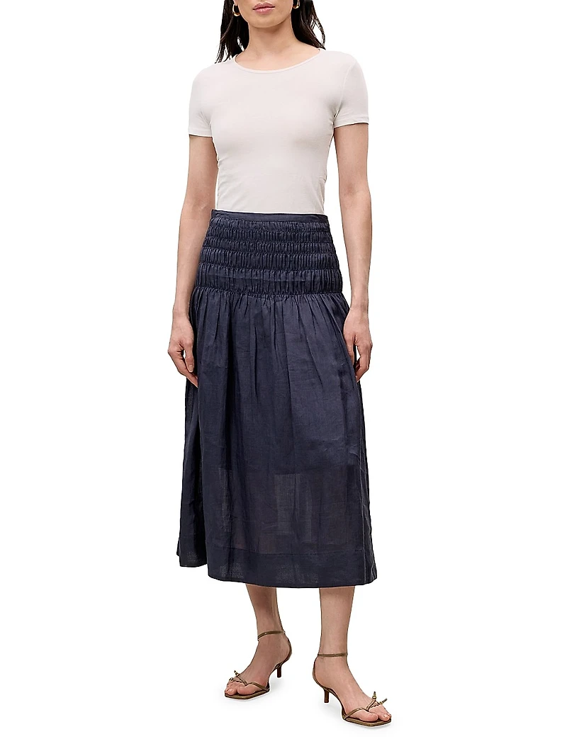 Anya Smocked Ramie A-Line Midi-Skirt