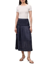 Anya Smocked Ramie A-Line Midi-Skirt