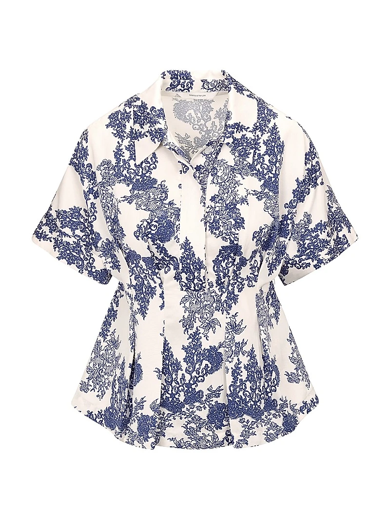 Lena Toile Pleated Short-Sleeve Blouse