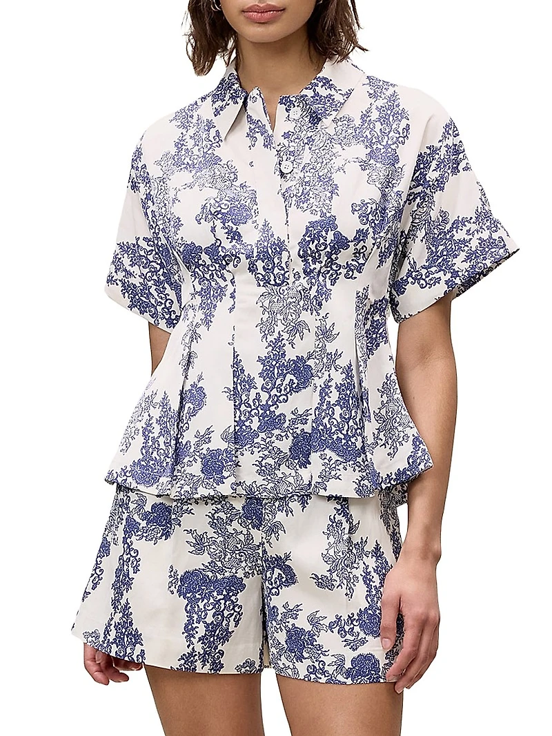Lena Toile Pleated Short-Sleeve Blouse