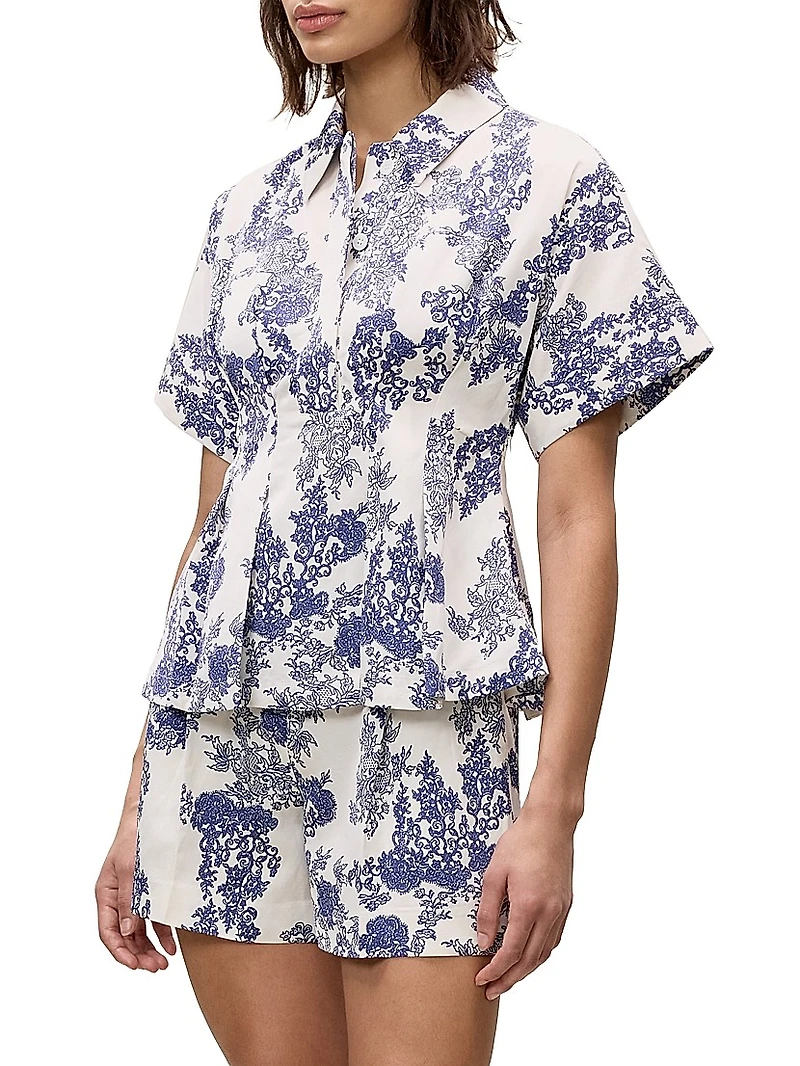 Lena Toile Pleated Short-Sleeve Blouse