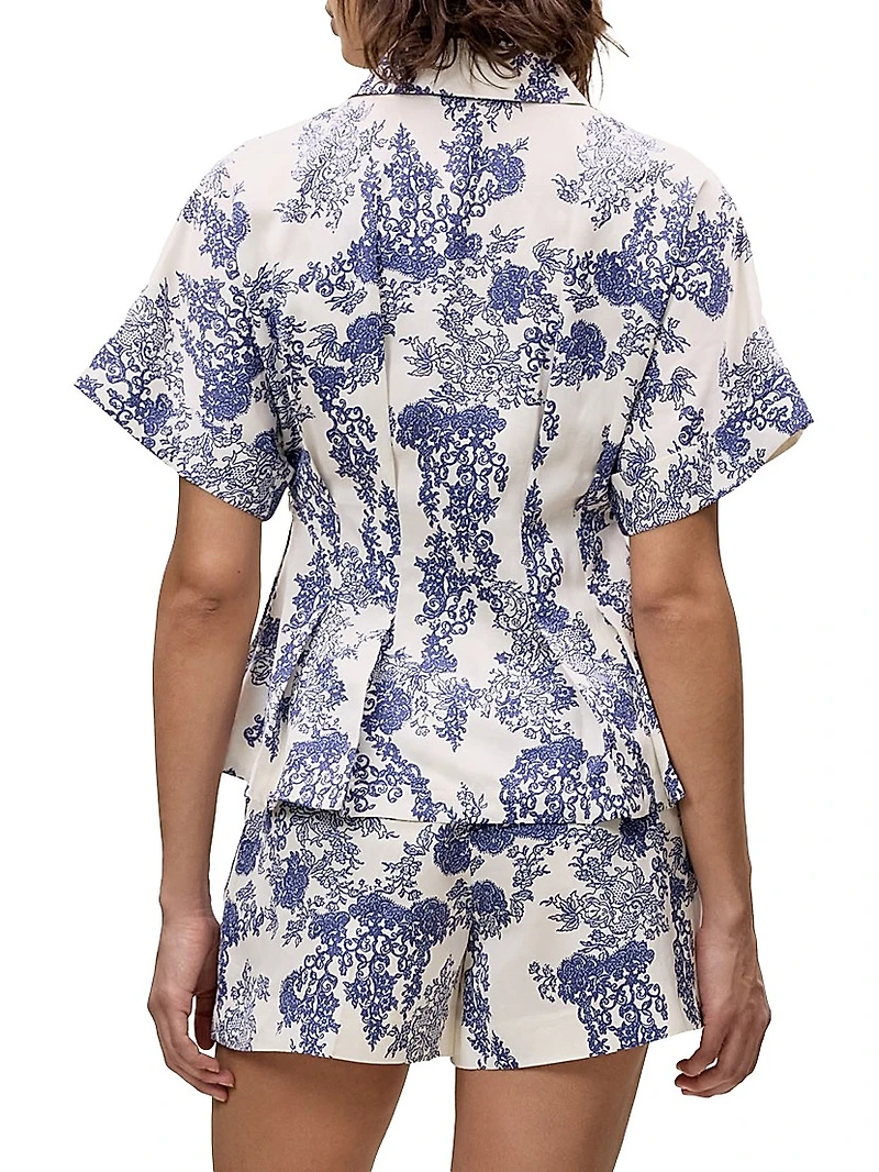 Lena Toile Pleated Short-Sleeve Blouse