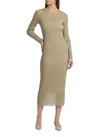 Plissé Long-Sleeve Midi-Dress
