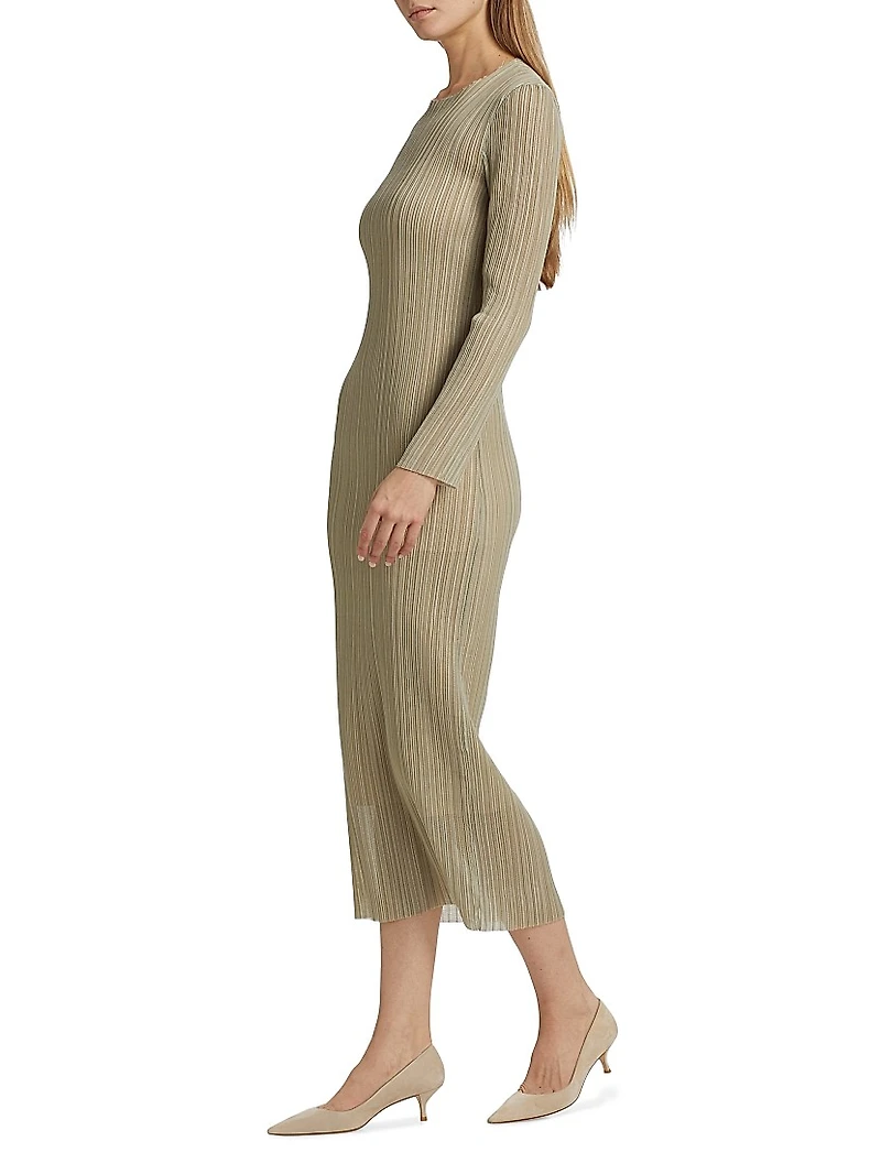 Plissé Long-Sleeve Midi-Dress
