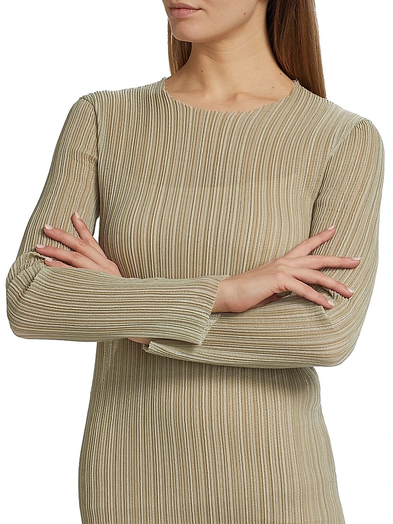 Plissé Long-Sleeve Midi-Dress