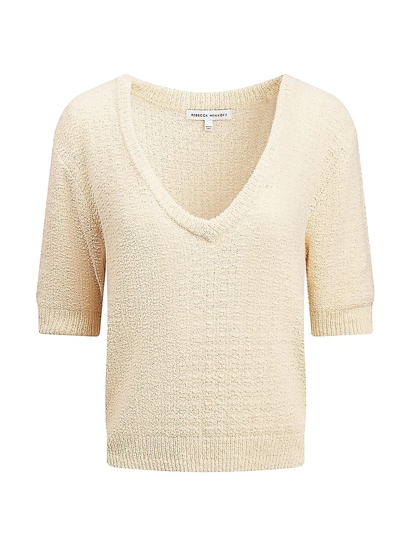 Audrey Bouclé V-Neck Short-Sleeve Sweater