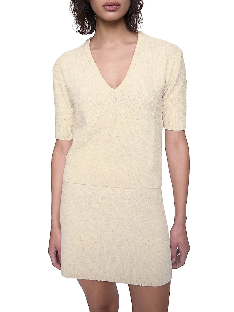 Audrey Bouclé V-Neck Short-Sleeve Sweater