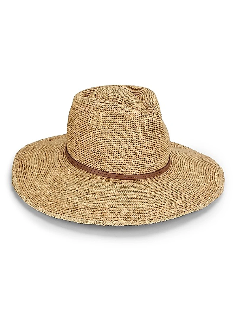 Faux-Leather-Trim Raffia Cowboy Hat
