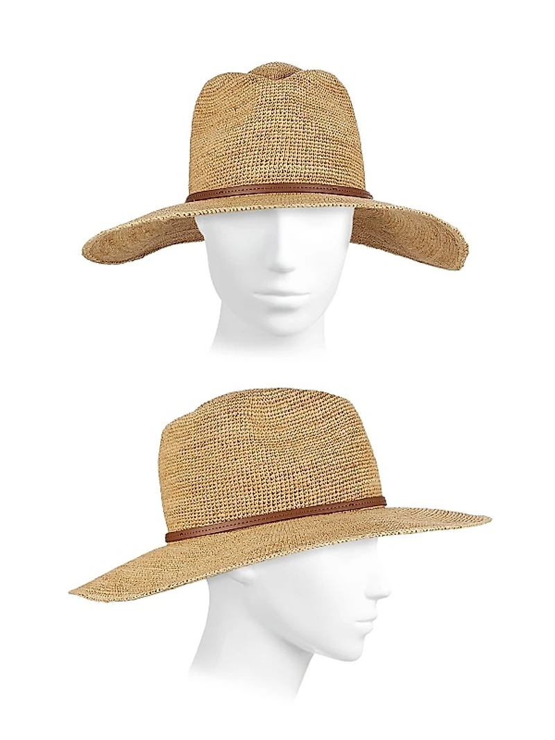 Faux-Leather-Trim Raffia Cowboy Hat