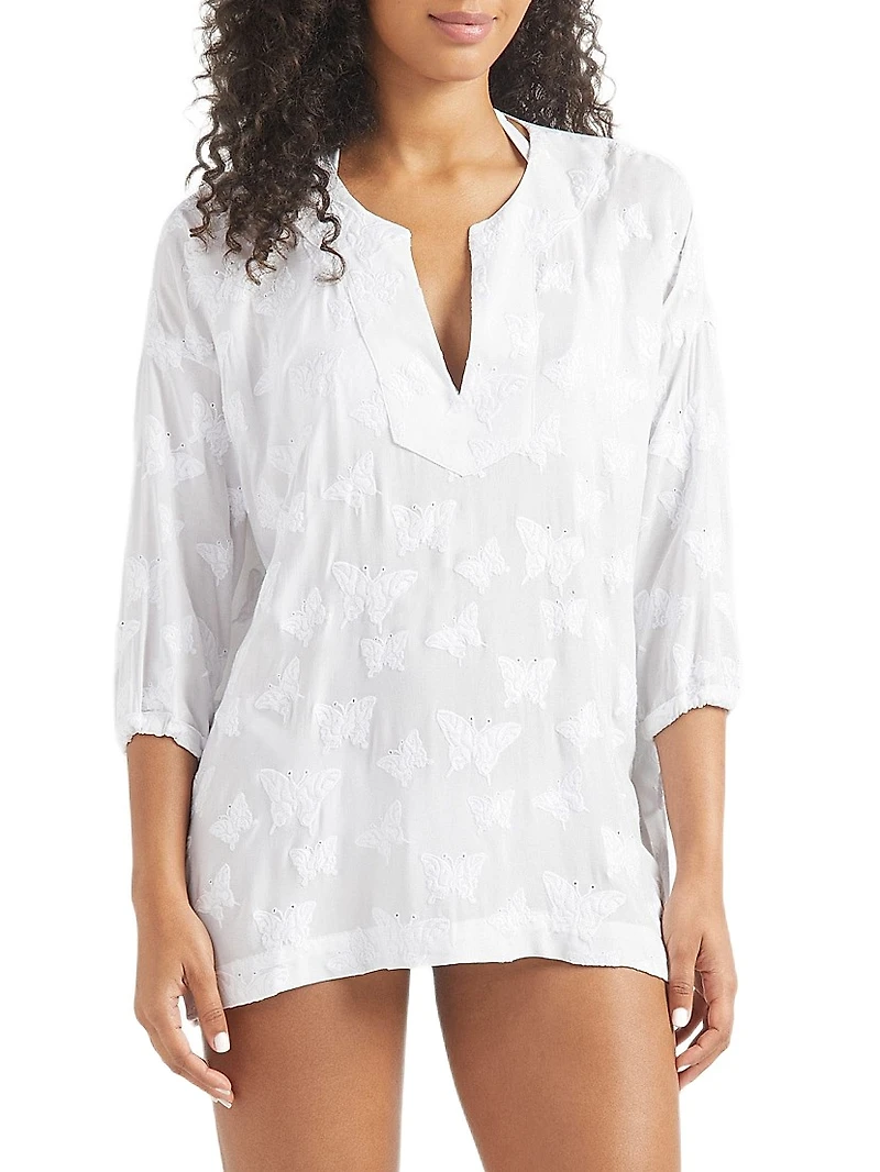 Butterfly-Embroidered Swim Cover-Up Minidress