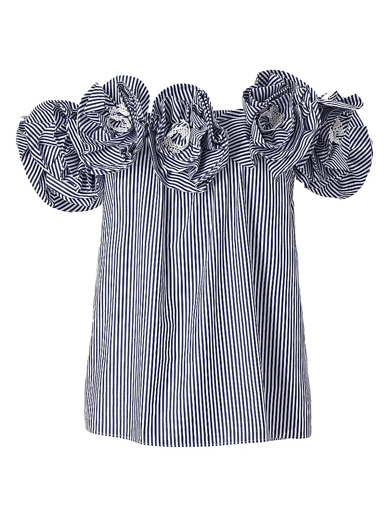 Cabana Floral-Appliquéd Striped Cotton Off-The-Shoulder Top